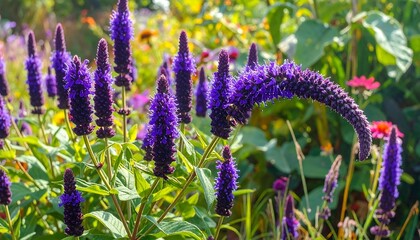 Close-up of vibrant purple flowers in full bloom in a sunny garden