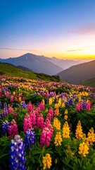Colorful Wildflower Meadow in Mountains at Sunset