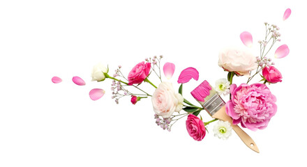 Obraz premium Delicate pink peony and rose floral arrangement with paint brush accents, perfect for feminine branding, wedding stationery and springtime promotions with romantic flair