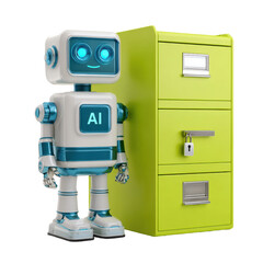 Robot AI Assistant beside File Cabinet on Transparent Background