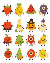 Fototapeta premium Sticker grid of 16 Halloween-style fruit and veggie characters with school items like pencils, books, and scissors—perfect for seasonal classroom decor, kids’ kits, and creative learning packs.