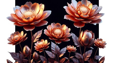 A cluster of metallic copper flowers with dark leaves against a black background