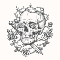 Detailed Handdrawn Skull with Roses and Dagger Illustration, Gothic Aesthetic