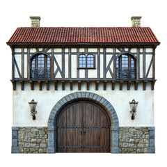 Charming half-timbered facade with arched gateway and rustic architectural design