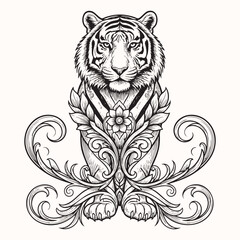 Ornate Line Art Tiger Illustration with Floral and Swirl Accents