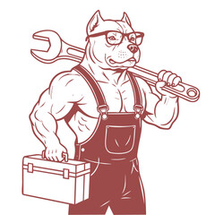 Handdrawn Outline Pitbull Repairman with Wrench and Toolbox Mascot Illustration