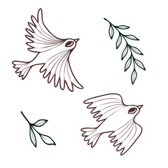 Vector non-AI birds and branches. Flying birds and plant branches isolated on white background.