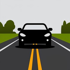 Vector illustration of a car on a road from a front view. Automotive transportation and travel concept. Minimalist flat design graphic with copy space for text