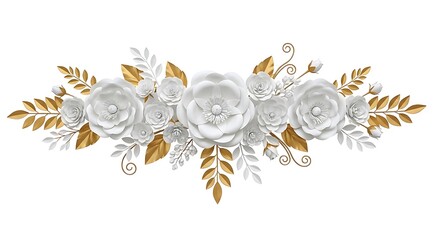 Elegant floral arrangement with white roses and golden leaves, isolated on white background