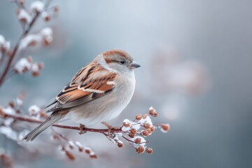 Small brown and white bird perched on a snowy branch during winter season