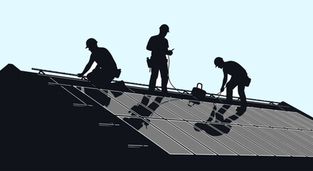 Silhouette of construction workers installing solar panels on rooftop against clear sky