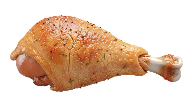 Raw chicken drumstick with crispy skin and seasoning on white background