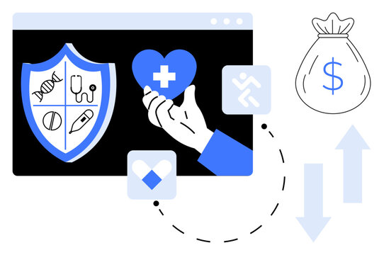 Heart with medical cross, shield symbolizing healthcare, dollar bag, arrows for cost exchange. Ideal for health insurance, medical investment, cost efficiency, financial advice, well-being