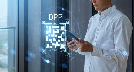 Man holding digital tablet with holographic QR code displaying D