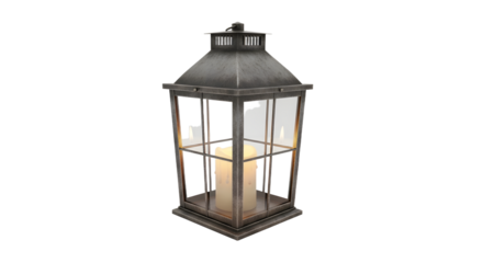 Vintage Black Metal Lantern with Candle on White Background