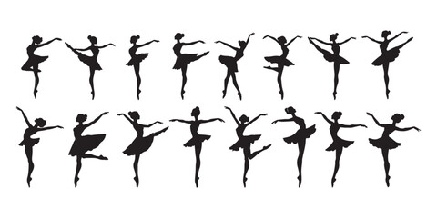Naklejka premium Ballet Silhouette Set, Graceful Dancer in Pointe Pose Vector Art