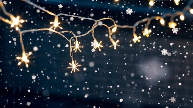 Guirlande lumineuse &eacute;toil&eacute;e et flocons de neige en hiver