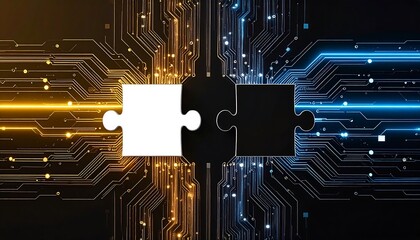 White and black puzzle pieces await connection on a dark circuit board, illuminated by contrasting golden and blue digital light paths