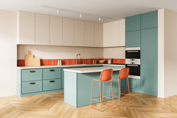 Modern kitchen interior with teal cabinets, orange backsplash, and minimalist island featuring orange bar stools on wood floor. 3D Rendering concept design. 3D Rendering