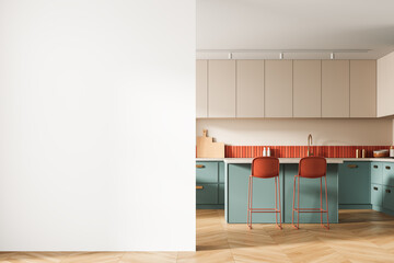 Modern kitchen interior with colorful cabinets and blank wall for design mockup or poster presentation concept in a contemporary home setting. 3D Rendering