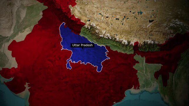 Uttar Pradesh map highlight animation, India state location zoom, political map video, geographic region highlight, satellite view animation	