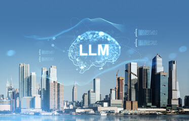 LLM technology concept over New York City skyline with digital brain and data graphics on clear sky background representing AI and language model innovation.