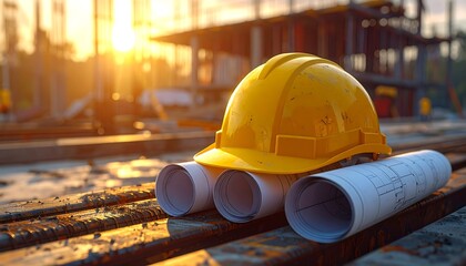 Construction Site with Yellow Hard Hat and Architectural Blueprints, Sunset Glow