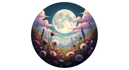 A whimsical circular landscape with a large full moon over a field of wildflowers at night