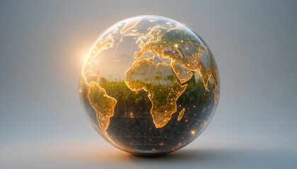 A detailed view of planet earth, illuminated by a warm light source, showcasing continents with glowing city lights and a subtle network overlay against a soft grey background