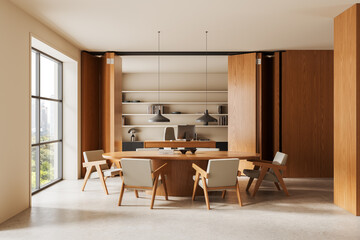 Modern office interior design with wooden furniture, neutral tones, and minimalist decor in bright open space with large windows and pendant lighting. 3D Rendering