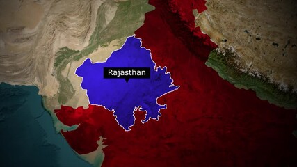 Rajasthan map highlight animation, India state location zoom, political map video, geographic region highlight, satellite view animation	