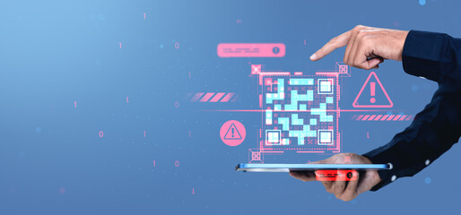 Cybersecurity concept showing hand scanning suspicious QR code with digital virus warning interface on futuristic blue background.