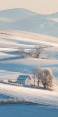Snow-covered landscape with a white house and frosted trees in the countryside during winter