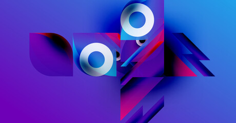 Abstract geometric composition. Vivid purple, blue gradients create dynamic shapes, circles, lines. Modern design, digital illustration.