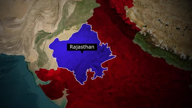 Rajasthan map highlight animation, India state location zoom, political map video, geographic region highlight, satellite view animation	