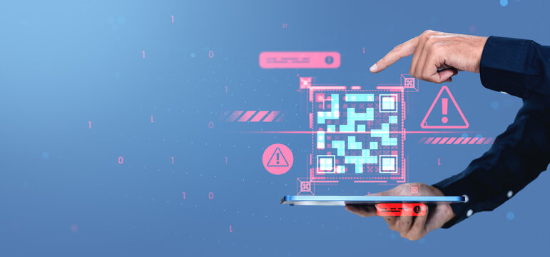 Cybersecurity concept showing hand scanning suspicious QR code with digital virus warning interface on futuristic blue background.