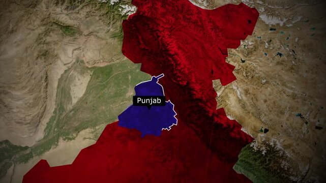 Punjab map highlight animation, India state location zoom, political map video, geographic region highlight, satellite view animation	