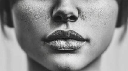 Monochrome portrait close up of a face showing mouth and nose