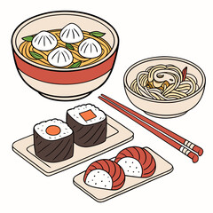 Assortment of delicious asian food dishes including soup dumplings sushi and noodles © Stock