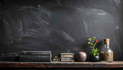 A scene of a blackboard with chalk residue and decorative items