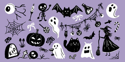 Halloween whimsical doodle icon. Cute crayon sketch of ghost, garland, pumpkin, witch and bat. Spooky charm silhouette illustration for party decoration. Set of chalk pencil vector sticker