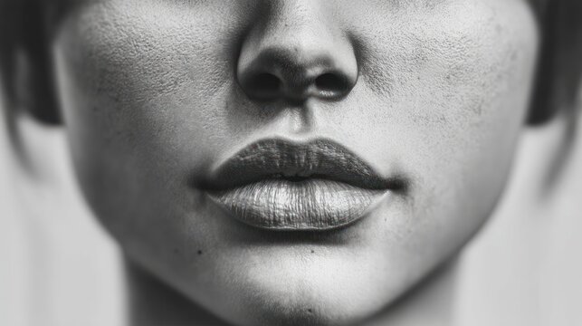 Monochrome portrait close up of a face showing mouth and nose