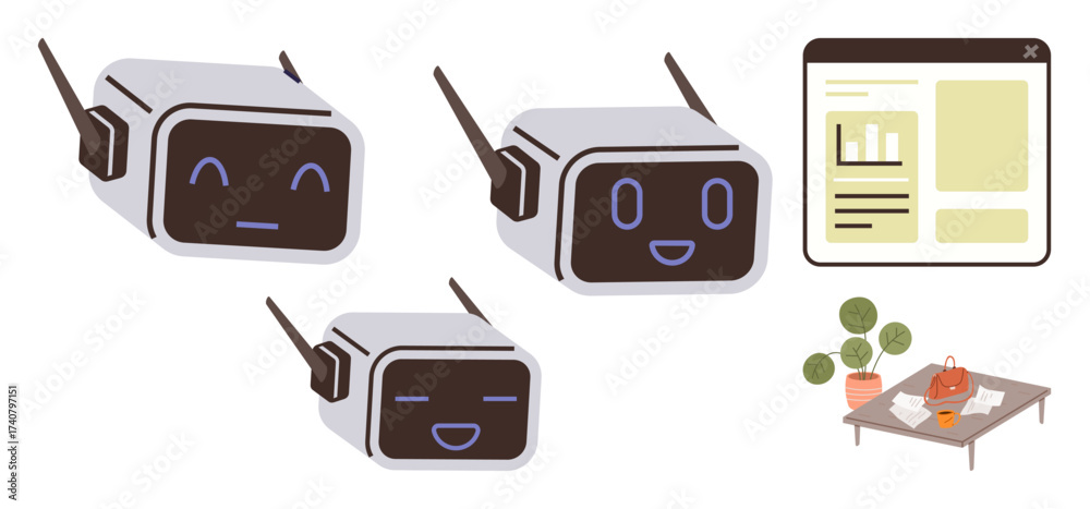 Wall mural three ai chatbots displaying various expressions, next to a digital interface and table setup with p