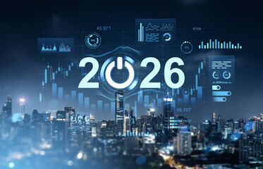 Futuristic digital 2026 concept with data graphics over Bangkok city skyline at night illustrating technology growth in Asia.