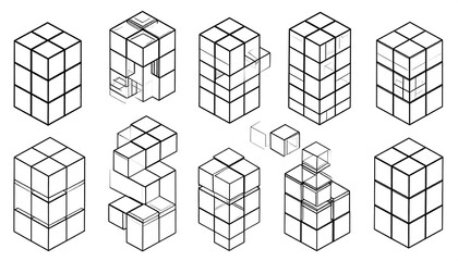 A black and white illustration showcasing geometric cubes arranged in various configurations, creating complex structures
