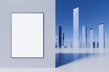 Blank vertical poster mockup on pastel wall next to futuristic city skyline with abstract glass buildings under clear sky in modern concept scene setup. 3D Rendering