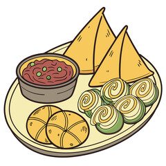 Illustration of a platter with samosas dip and snacks