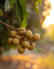 Close-up of a bunch of brown-skinned fruits on a tree branch, sunlit backdrop