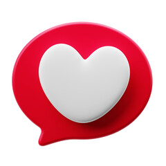 Red chat bubble with white heart 3D icon, symbol of love message, social media like, and chat. 3D style icon illustration