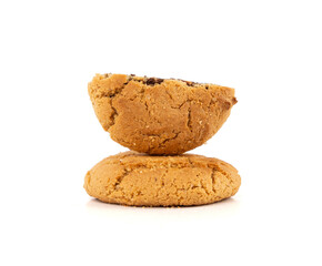 Chocolate cookies with chocolate filling isolated, brown round biscuits, broken sweet cocoa pastry